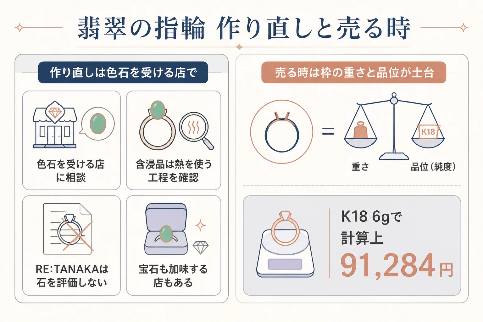 翡翠の指輪の作り直しと売る時の見られ方の図解