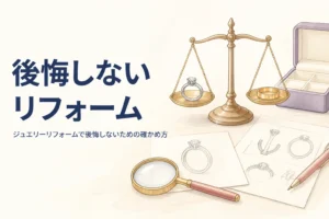 ジュエリーリフォームで後悔しないための確かめ方を表したアイキャッチ