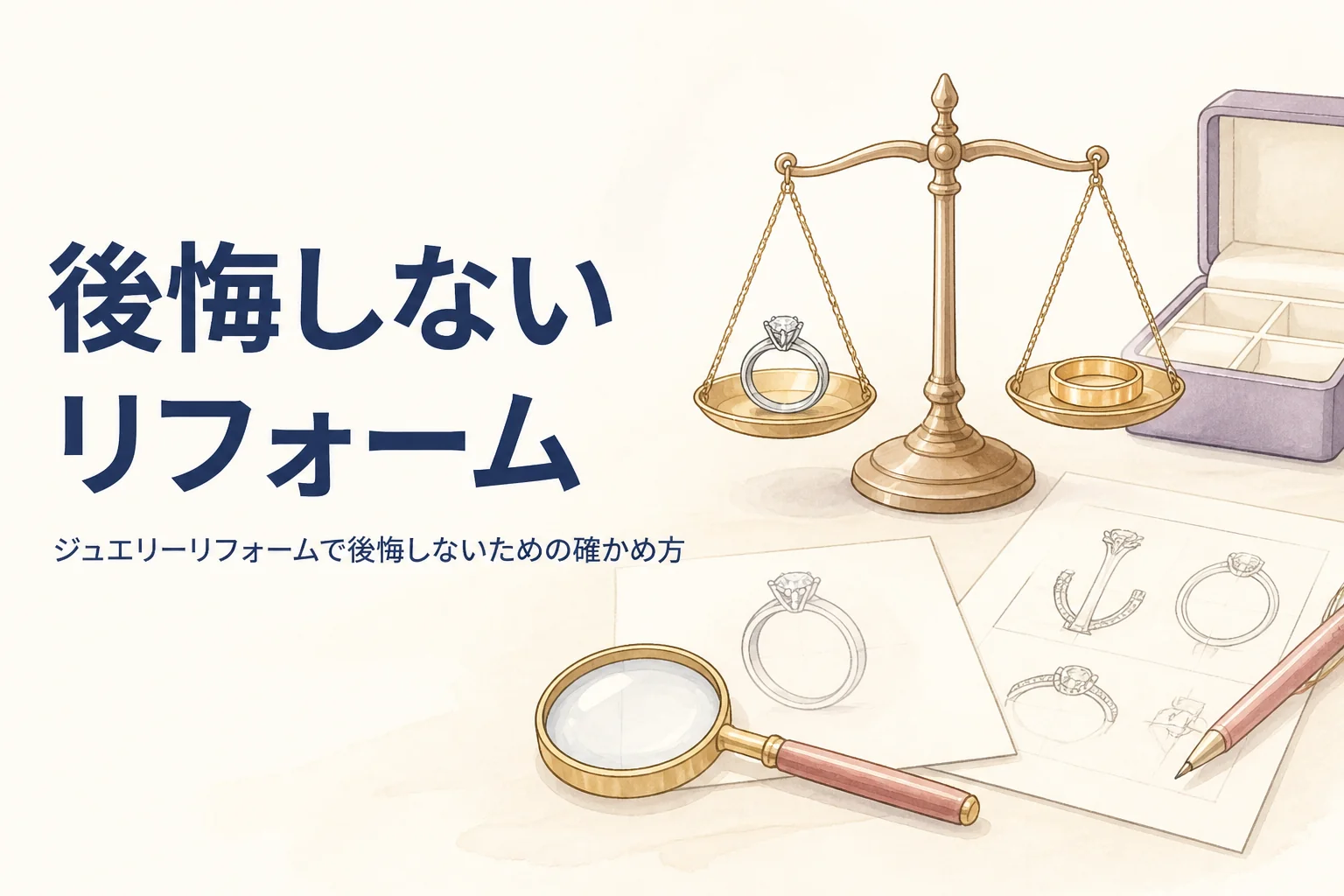 ジュエリーリフォームで後悔しないための確かめ方を表したアイキャッチ