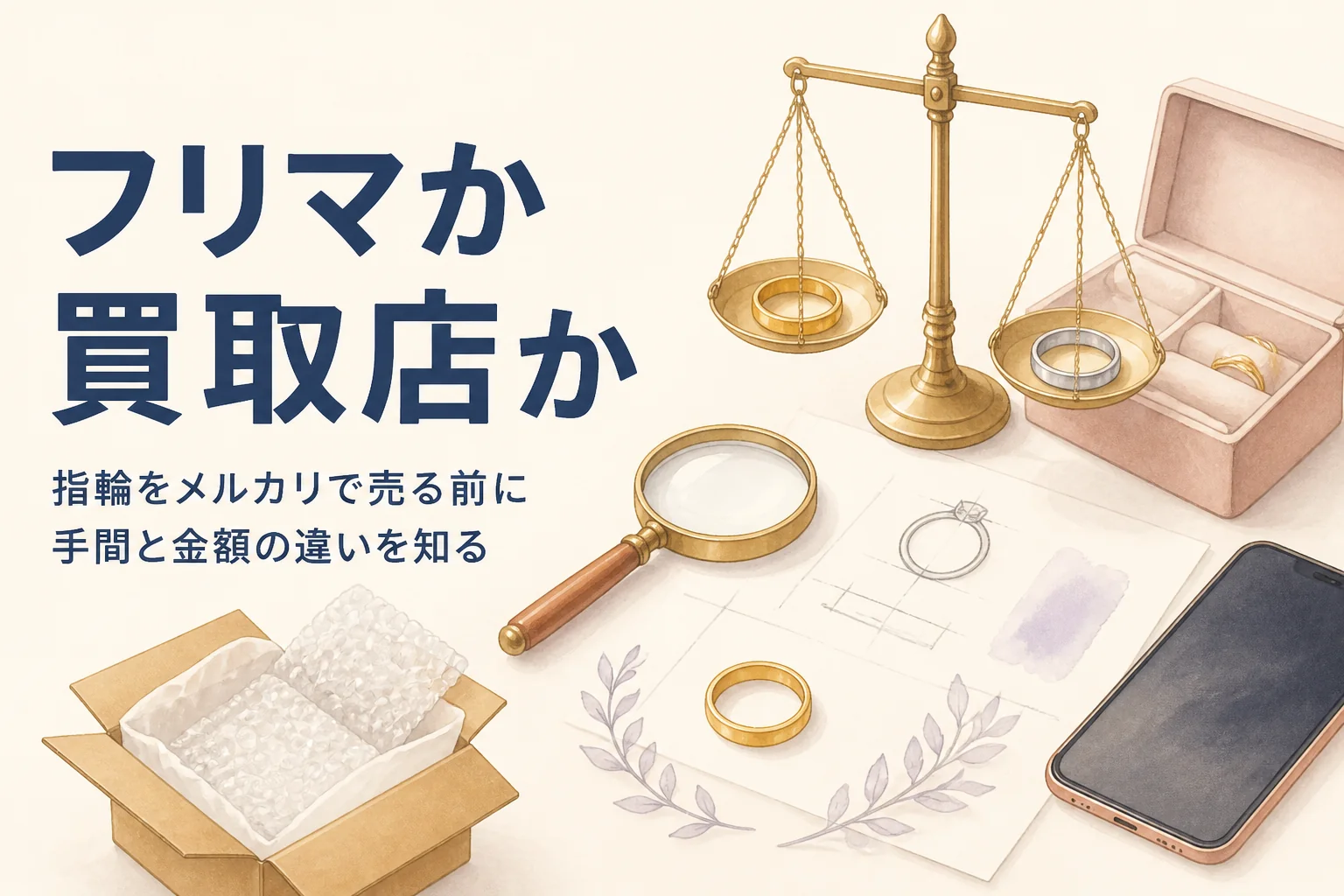指輪をメルカリで売るか買取店で売るかを表したアイキャッチ