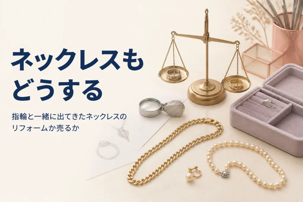 指輪と一緒に出てきたネックレスやイヤリングをリフォームするか売るか考えるイメージ