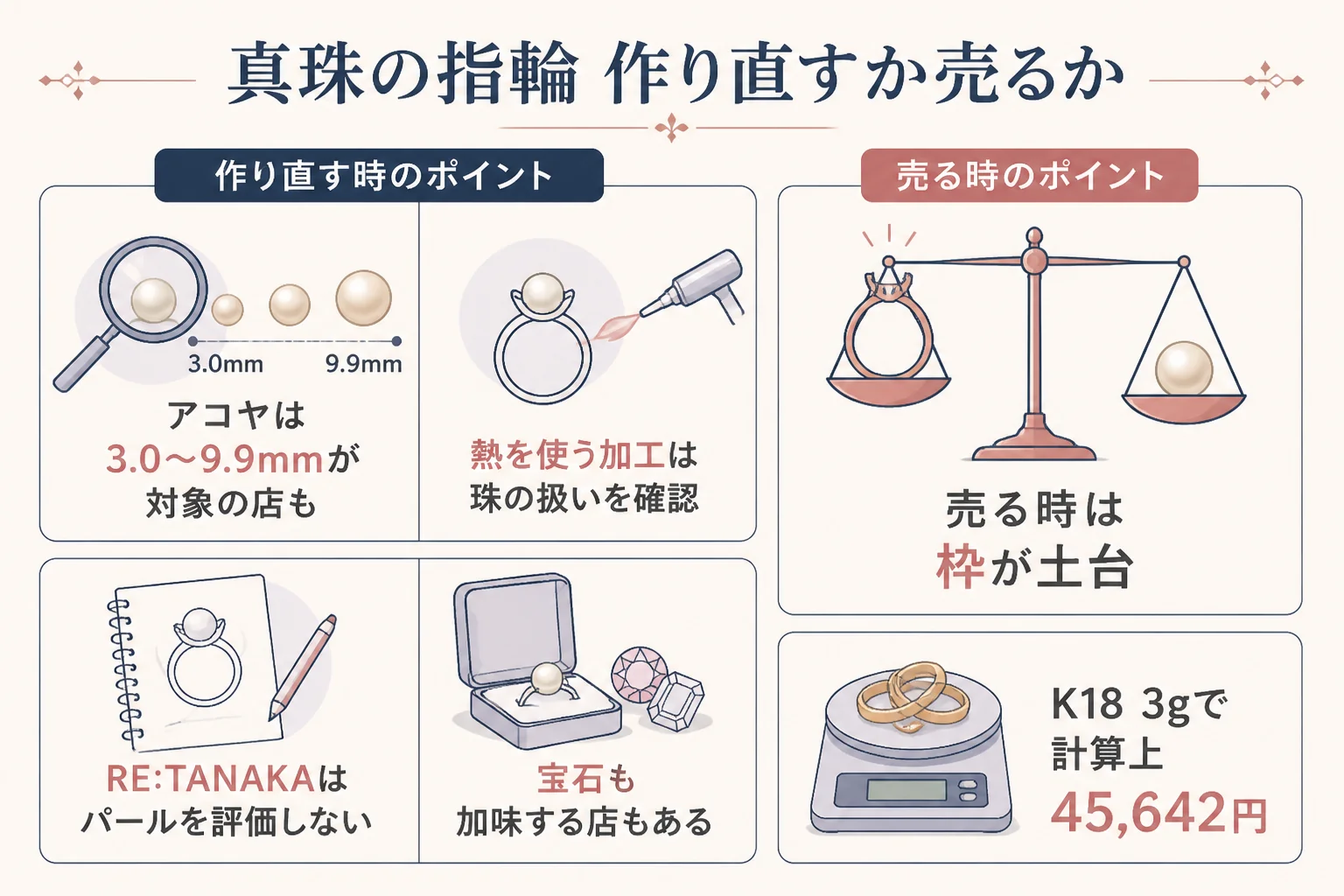 真珠の指輪を作り直すか売るかの分かれ目の図解