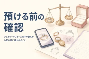 ジュエリーリフォームのすり替えが心配な時に預ける前に確かめることを表したアイキャッチ