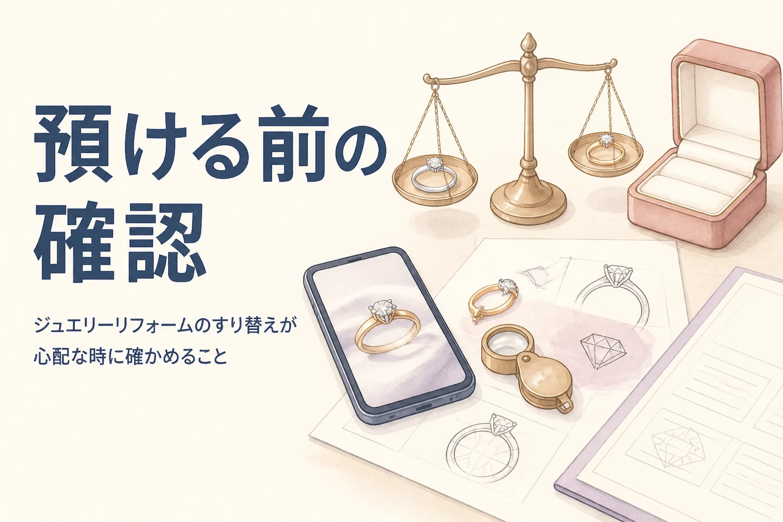 ジュエリーリフォームのすり替えが心配な時に預ける前に確かめることを表したアイキャッチ