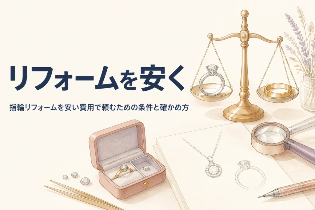 指輪リフォームを安い費用で頼むための考え方を表したアイキャッチ